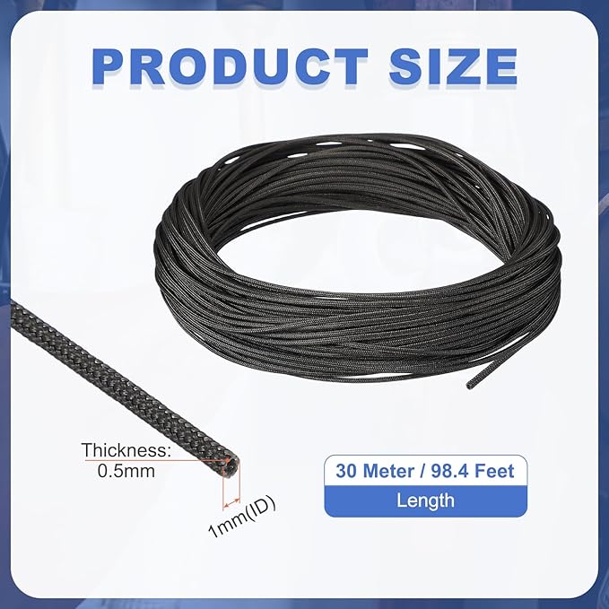 uxcell Insulation Cable Protector,1mm/0.04 Inch-30m/98 Feet High Temp Fiberglass Sleeve Black