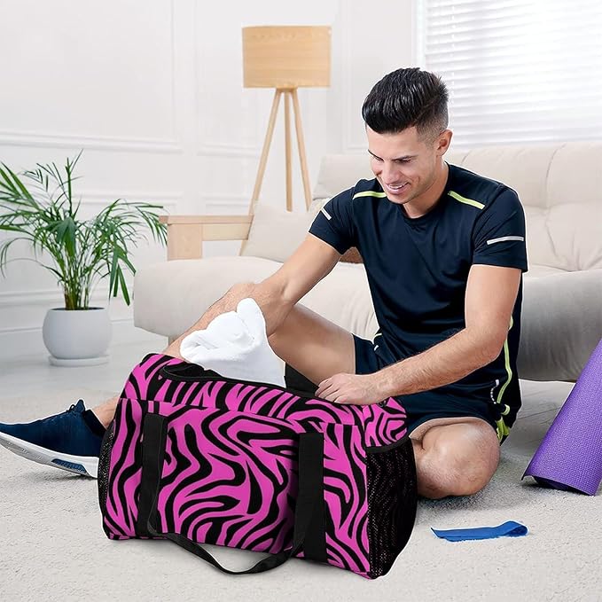 Rose Red with Black Stripes Duffle Bag Gym Bag for Workout Travel Tote with Detachable Straps