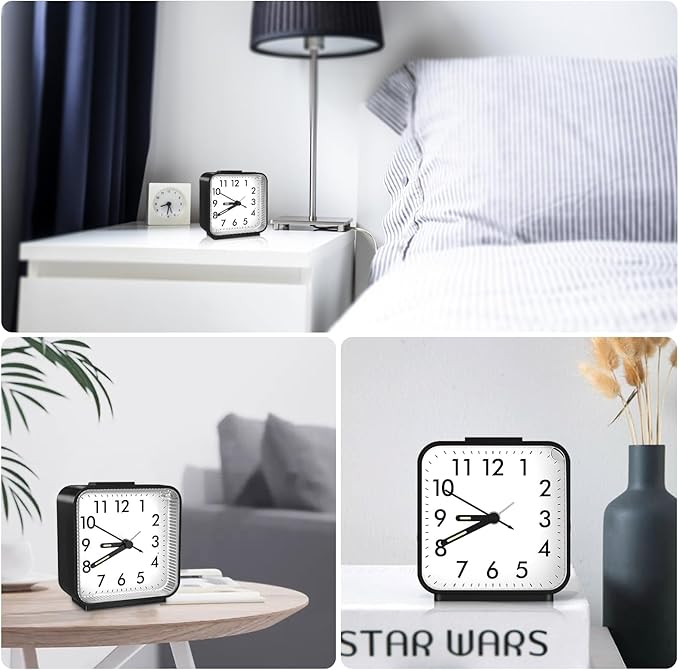 OQIMAX Analog Alarm Clocks, Non Ticking Table Clock with Luminous Hand & Large Display, Battery Powered Silent Bedside Alarm Clock with Snooze & Night Light Function, for Bedroom, Office