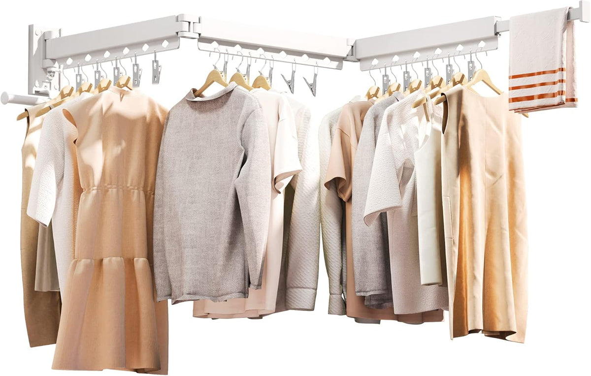 Wall Mounted Clothes Hanger,Clothes Drying Rack,Laundry Rack Wall Mount,Drying Rack Clothing,Clothes Rack Retractable,Collapsible(Tri-Fold), with Windproof Holes & Clips,White Color