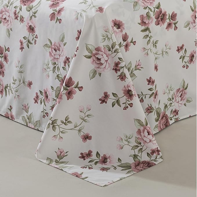 FADFAY Beige Vintage Floral King Size Sheets Set Premium 100% Cotton Shabby Brick Red Rose Pattern Bedding Set Deep Pocket Sheets with 2 Pillowcases Luxury Breathable Soft 4Pcs, King Size