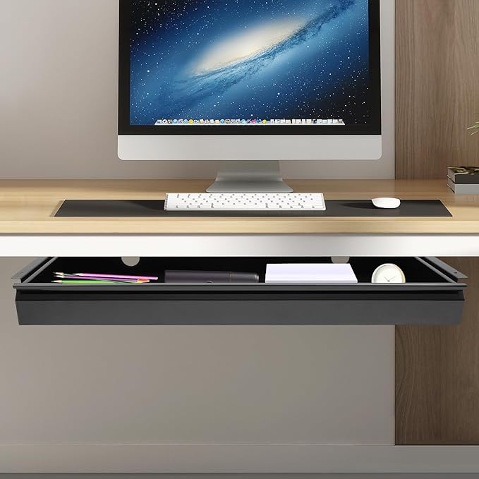 FFanhia 30 Inch Under Desk Mounted Sliding Pull-out Drawer Storage for Sit Stand Workstation Office(Applicable Table Thickness: 0.79in) Black