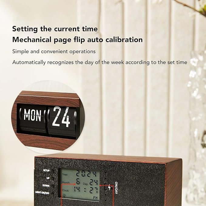 Flip Desk Clock, Intelligent Perpetual Calendar Unique Flip Design Flip Clock 2600Mah Built in Batteries Digital Flip Down Clock for Home Room Office (Wood Grain)
