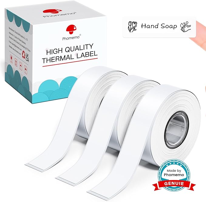 Phomemo Labels, D30 Label Tape Continuous Print Master Labels Refill, Smart Mini Label Maker Refill D30 D35 Black on White Sticker Thermal Paper Self-Adhesive, 15mm x 6m (0.59 x 236.22 Inch) 3-Roll