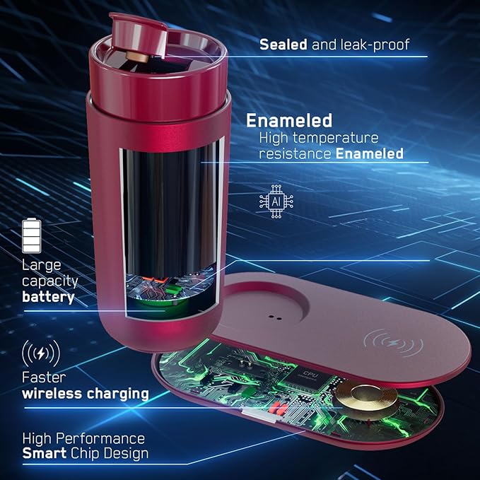LEGARDLILIU Temperature Control Heated Coffee Mug Smart Self Heating Travel Mug 12 Oz App Controlled Warmer Mug 4-10 Hour LED Display Keep Coffee Hot Fast Wireless Charger Base Rogue red