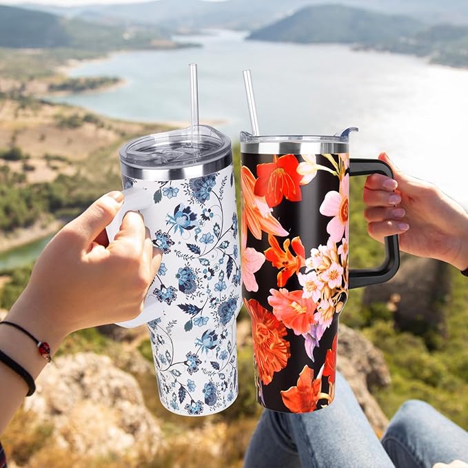 SYACOT 40 oz Tumbler with Handle and Straw Stainless Steel Insulated Tumbler Leak Proof Lid and Straw Lid Reusable Travel Mug Coffee Mug Cup Dishwasher Safe Keep Drinks Cold and Hot (Jasmine)