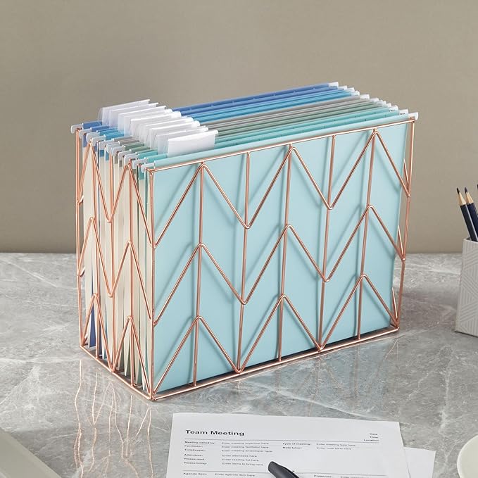 Beramon Hanging File Folder Kit Includes 1 Rose Gold Hanging File Desk Organizer and 20 Pack Hanging File Folders Letter Size with 1/5 Cut Tabs Design for School Office Home Supplies, Blue Design