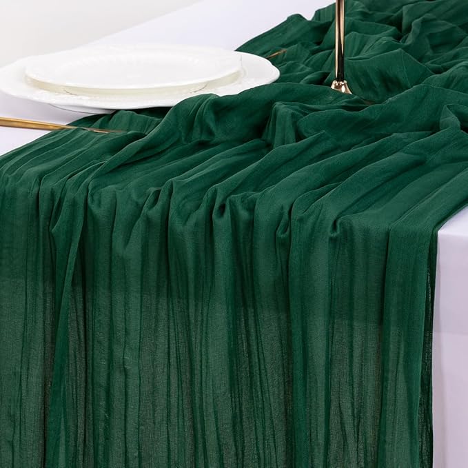 Socomi 6pcs Emerald Green Cheesecloth Table Runner Fall Thanksgiving Boho Rustic Gauze 120 inch 10FT Cheese Cloth Runner for Wedding Party Baby Shower Birthday Home Decor Holiday Decorations