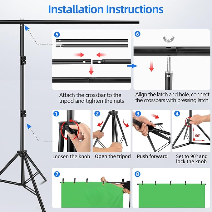 HEMMOTOP 7x5 ft(HxW) Green Screen Stand Kit, 6.5x5 ft Green Screen Backdrop with Stand for Streaming, Gaming, Zoom, Portable Greenscreen Background Kit with Clips & Carrying Case