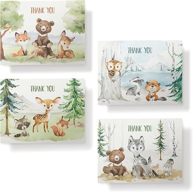 Twigs Baby Shower Thank You Cards with Envelopes - 12 Set Baby Shower Cards for Girl, New Baby Congratulations Cards, Welcome Baby Card, Made in the USA - Forest Animal Designs, 5.5 x 4.25 Inch Size