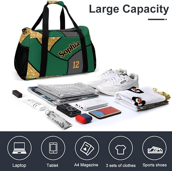 Custom Gold Green Volleyball Duffel Bag with Name Personalized Travel Bags Sport Gym Bag Carry On Weekender Bags for Men Women