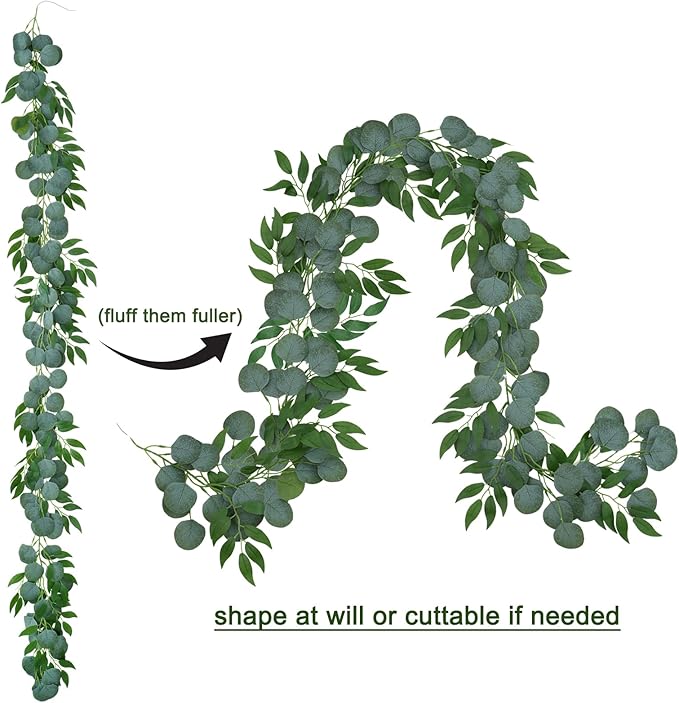 4 Pack Artificial Eucalyptus Garland with Willow Leaves Each 6.5 Feet Fake Greenery Garland Vine for Table Runner Centerpiece Stairs DIY Garlands Decor