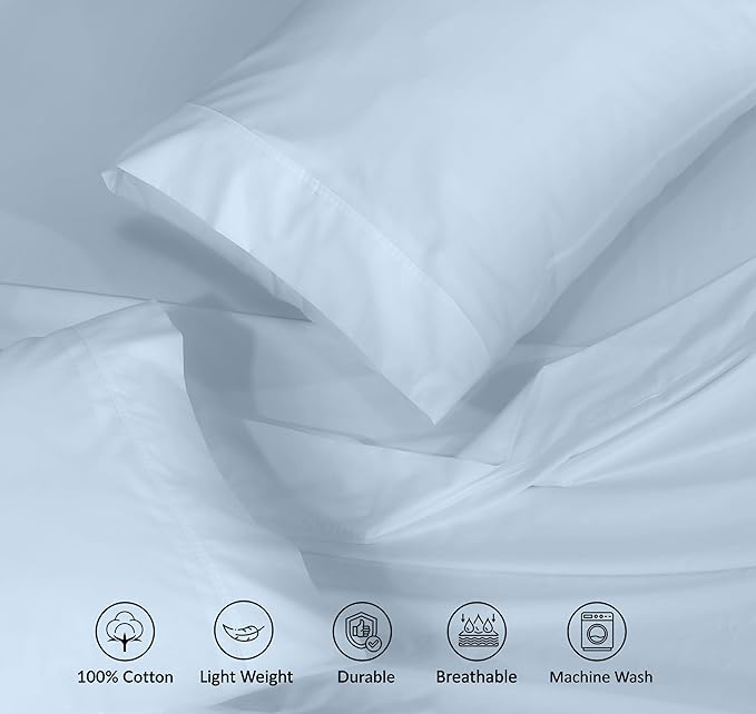RUVANTI 100% Cotton Twin Sheets Set, 3 Pieces, Soft & Breathable Percale Weave Bedding, Deep Pocket 16", Hotel Standard, Crisp Cool Feel, Durable, Perfect Dyed Bed Sheet, Baby Blue