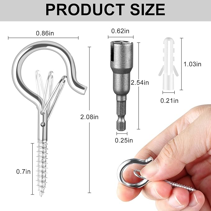 FSAH 48 PCS Q-Hanger Hooks, Screw Hooks for Outdoor String Lights, Safety Buckle Design Cup Eye Hook for Hanging Christmas Lights, Plants, Mounted on Wall Ceiling, Include 1 Wing Nut Driver, Silver