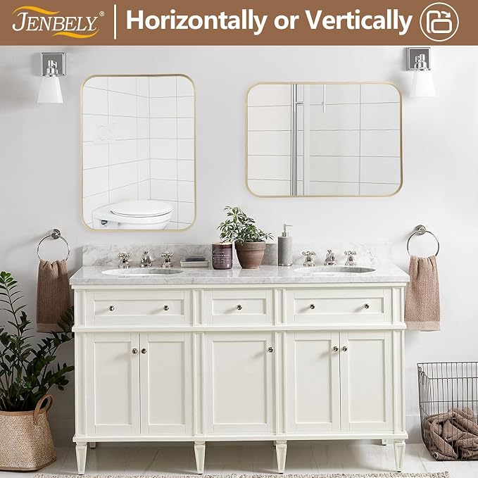 Gold Mirror, 48x30 Inch Framed Rectangle Mirror with Rounded Corner, Brushed Brass Mirror, Gold Bathroom Mirror for Over Sink, Vanity, Living Room, Bedroom, Horizontal/Vertical