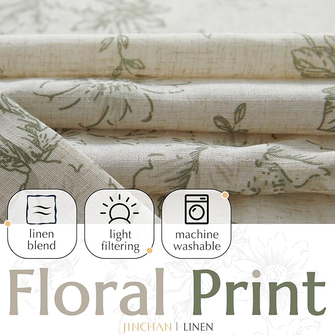 jinchan Lined Linen Blend Curtain Floral Curtains for Living Room 63 Inch Length Christmas Green Peony Flower Printed Curtain Back Tab Farmhouse Patterned Drapes Bedroom Curtains Set 2 Panels