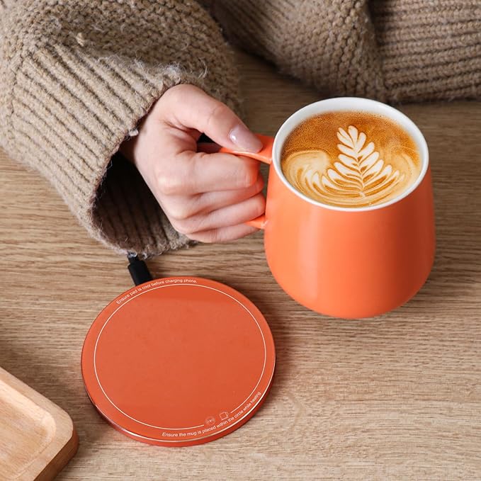 APEKX Warm Cup Coffee Mug Warmer Set - Smart Stable Constant Temperature 131°F, 15W Wireless Charging, 12.8 oz Capacity - Supports USB-C Interface, Automatic Power On/Off Function (4 H). (Tangerine)