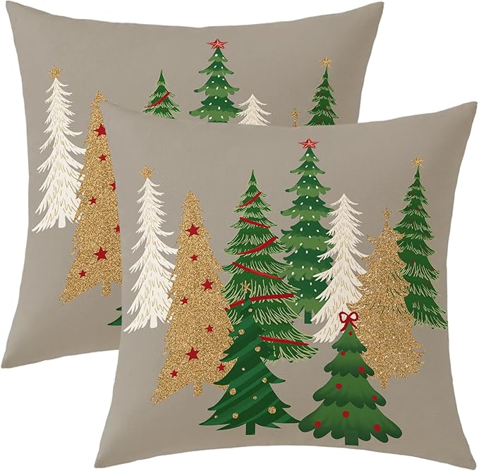 Christmas Pillow Covers 18x18 Inch Set of 2 Gray Decorative Christmas Tree Throw Pillows Linen Winter Holiday Decor for Home Sofa Couch Bed Chair