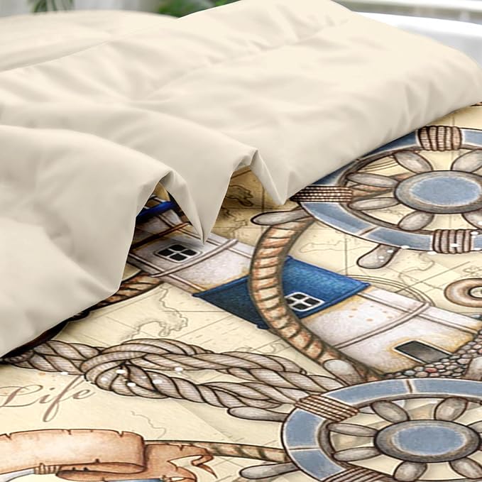 Comforter Set Twin Size, Retro Nautical Lighthouse Map 5 Pcs Bedding for Kids and Adults, Vintage Anchor Beige Bed Sheet Sets with Fitted Sheet Pillowcase & Sham for Bedroom Bed Decor