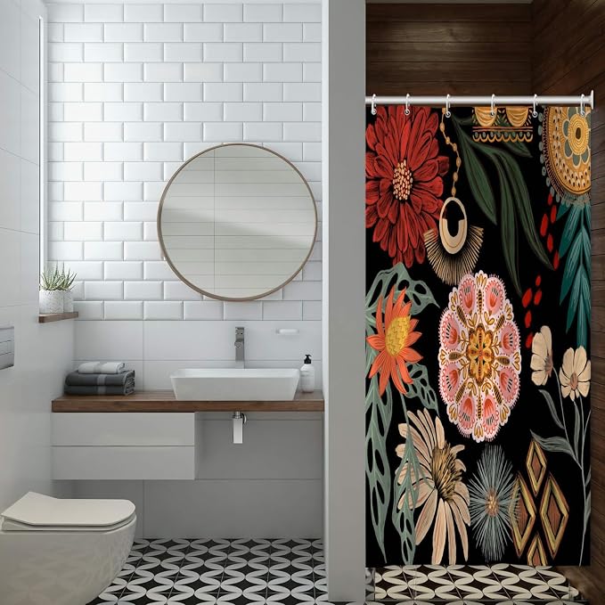 Black Boho Floral Shower Curtain Abstract Botanical Mid Century Modern Bathroom Decor Tropical Flower Shower Curtain with 10 Hooks,54x72 inches