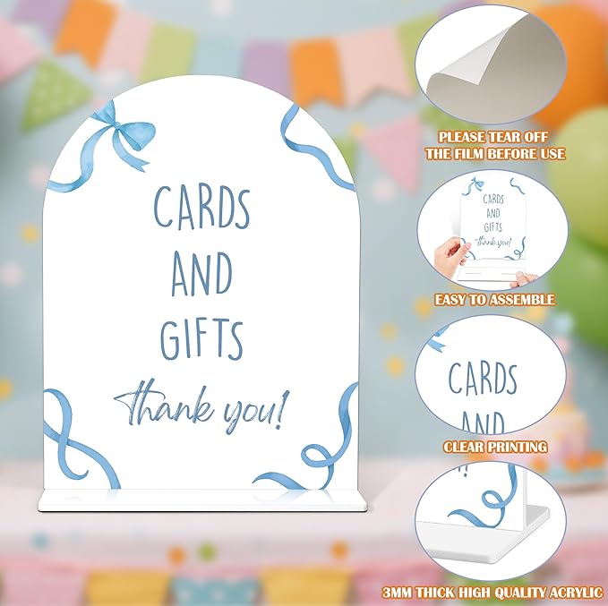 Cards and Gifts Sign - Blue Bow Baby Shower Sign, 1 Pack Arch Acrylic Sign with Stand, Gender Reveal Party Table Decor, Blue Baby Shower Supplies (SP09)