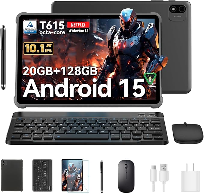 Android 15 Tablet 10 inch, 2025 Tablet with Keyboard, 2-in-1 Tablets with T615 Octa-Core, 20GB+128GB+2TB Expand, Gemini AI, 8MP Camera, 6000mAh, Android tablet with Keyboard, Mouse, Case, Stylus
