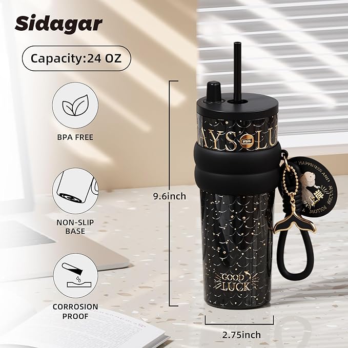 24 oz Tumbler with Lid and Straw, Insulated Coffee Mug Leak Proof, Portable Iced Travel Water Bottle, Reusable Thermal Coffee Cup, Gifts for Women, Mystic Black
