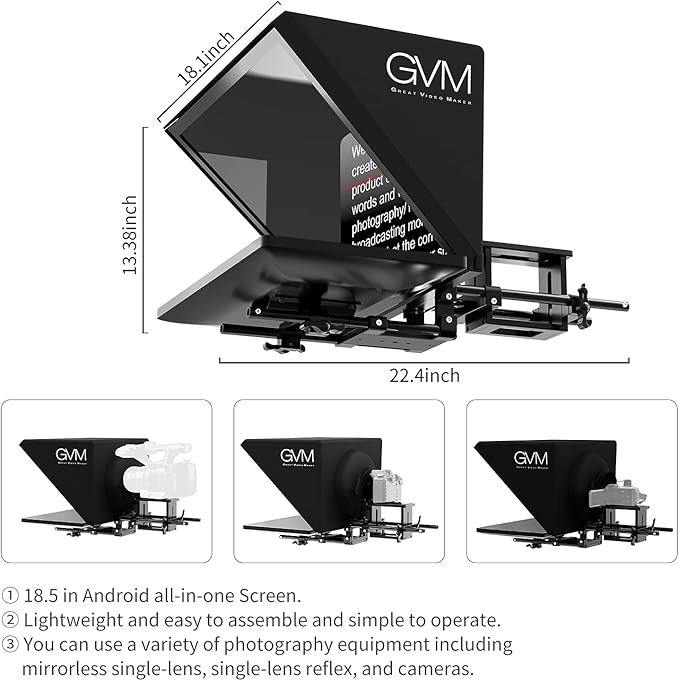 GVM Teleprompters for Digital Cameras/camcorders Portable 18.5'' Teleprompter Kit with Remote Control & App,Solid Aluminum Constructions,Colorless Spectroscope,Ultra HD Wide-Angle Lens