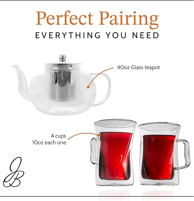 James Bentley Glass Coffee and Tea Set – Borosilicate Glass Teapot Set for Adults with 40oz Teapot & 4 Insulated Glasses, Stainless Steel Strainer for Bags and Loose Tea– Microwave, Dishwasher Safe