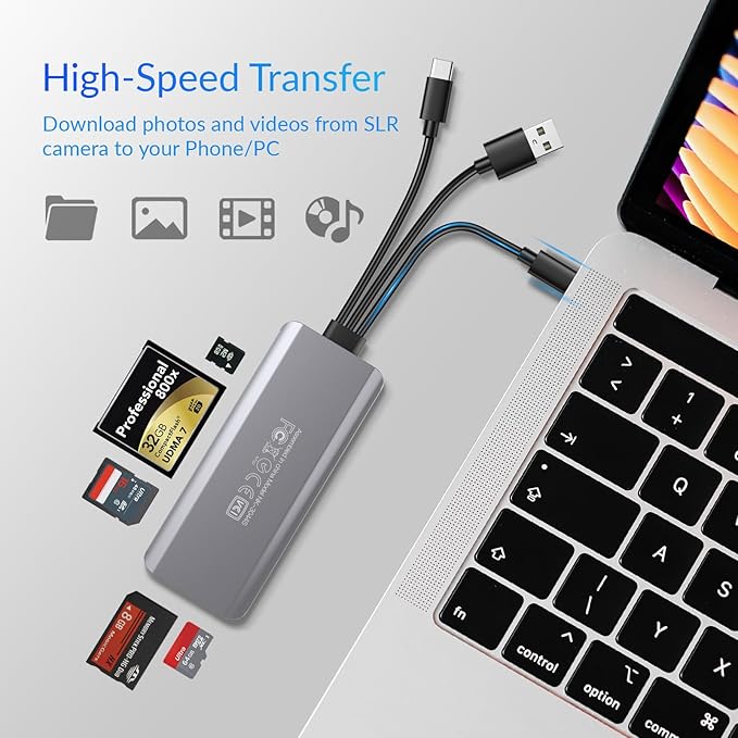 5-in-1 Multi Memory Card Reader,Aluminum SD/TF/CF/MS/M2/Cfast/Memory Stick Pro Duo/Micro SD Card Reader Adapter for i-Phone/i-Pad USB C and USB A Devices,No Application Required Plug and Play