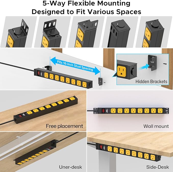 Mountable Long Power Strip, 2100 Joules Heavy Duty Surge Protector Power Strip, Slim Metal Power Bar with 6ft 14AWG Cord, 8-Outlet, ETL Listed, for Wall Mount, Under Desk, Garage, Workshop, Office 2PK