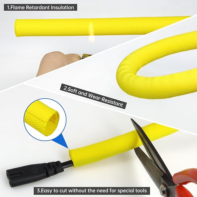 YOUBO Split Braided Cable Sleeve，Flexible Wire Loom Tubing, Automotive Cord Protector Pet Proof, Cable Management for Computer TV Electric Wires Harness 16ft (Yellow, 25mm（1")