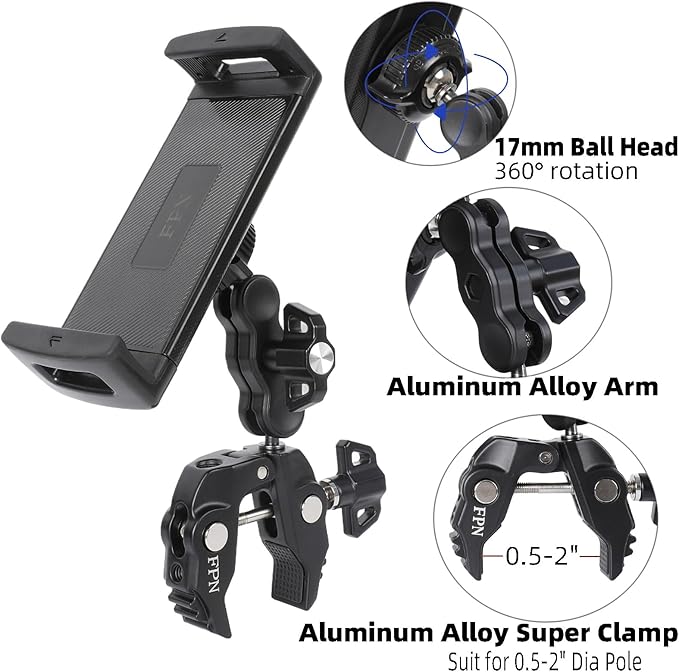 FPN Tablet Holder for Microphone Stand/Treadmill/Spin Bike/Stroller/Golf Cart/Handlebar/Stationary Bike, Phone iPad Holder Mount for iPad Pro 12.9, Galaxy Tabs, iPhone(4.7-13”)