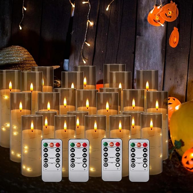 24-Pack Gray Flameless Candles with Remote Control, Battery-Powered LED Candles with Embedded Star String Lights & Realistic Flickering Flame. with Timer for Christmas, Home, Wedding, Fireplace Mantle