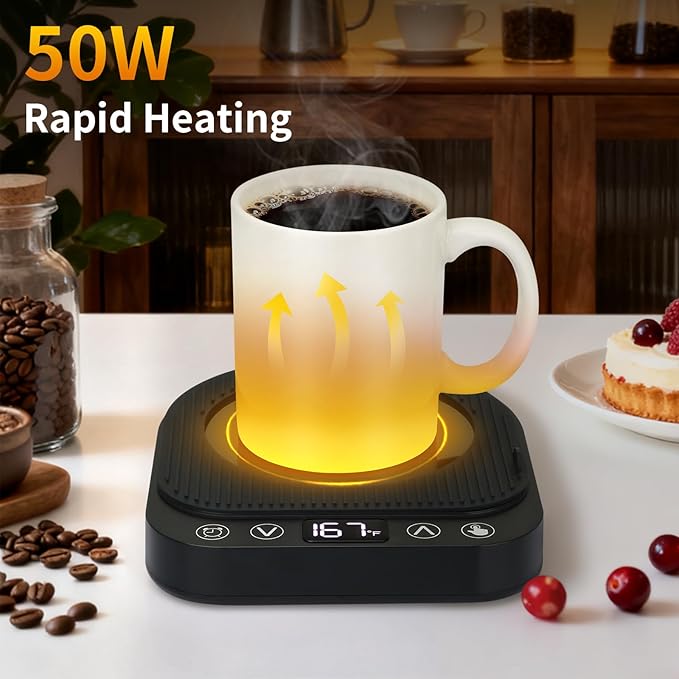 Anbanglin Smart Coffee Mug Warmer, 50W Fast Heating Coffee Warmer for Desk with 5 Temperature Control & 2-12H Auto Shut Off, Electric Large Panel Cup Warmer for Milk, Beverage, Candle, Matte Black