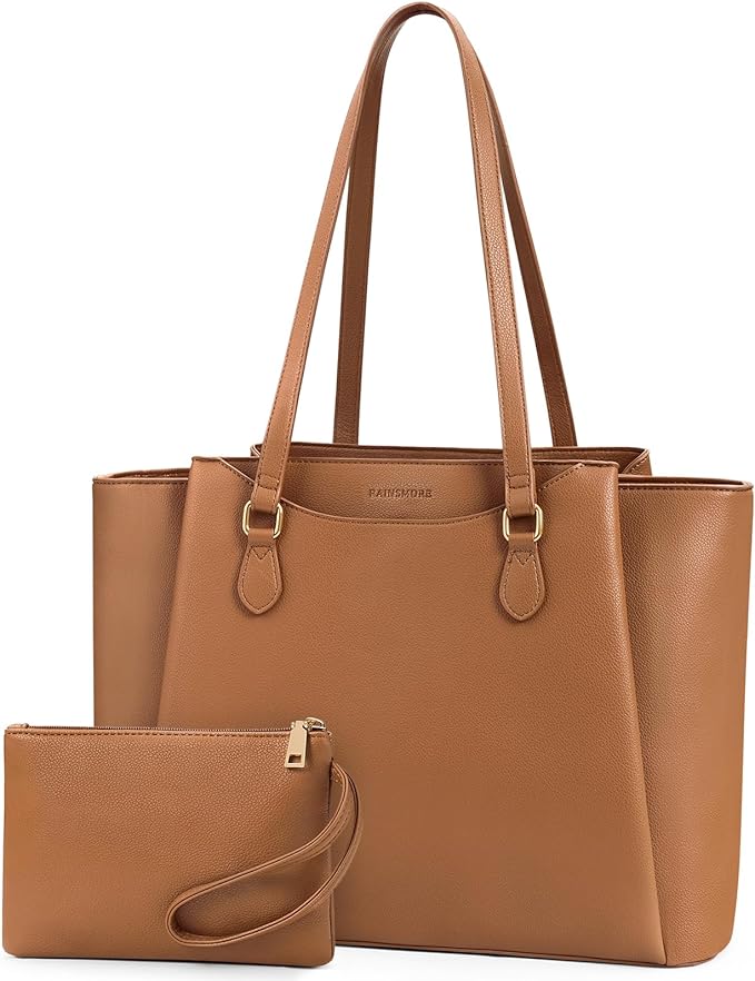 RAINSMORE Laptop Bag for Women 15.6 Inch Work Tote Bags Waterproof Computer Bags Leather Professional Laptop Purse Womens Laptop Briefcase Large Handbag for Office Teacher Travel, Brown