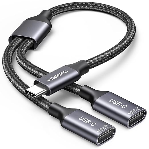 KiwiBird USB C Splitter 1 in 2 Out Charging, USBC Power Data Splitter Extension Y Cable, Type C Male to Dual USB C Female Port Adapter, Compatible with Laptop Mac Car Flash Drive Keyboard Mouse