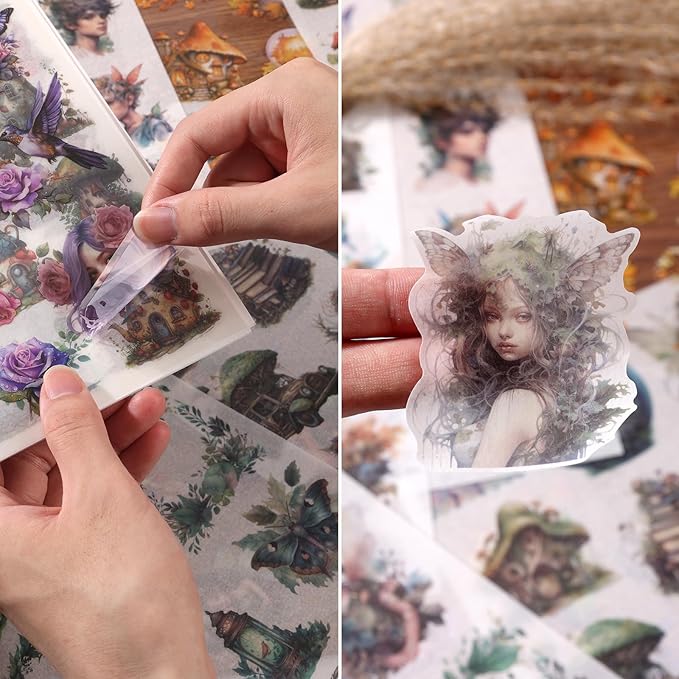 Auguro Scrapbook Fantasy Stickers 20 Sheets 240 Pre-Cut Washi Stickers for Journaling PET Transparent Fairy Sticker Decorative or DIY Paper Crafts, Arts and Crafting Projects