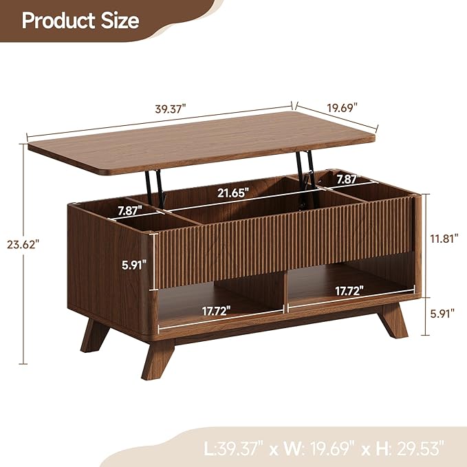 ONBRILL Farmhouse Lift Top Coffee Table, Mid Century Modern Coffee Table with Hidden Storage Compartment, Fluted Rising Pull up Wood Modern Center for Living Room, Office, Walnut
