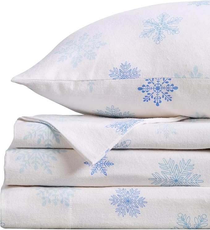 Market & Place 100% Turkish Cotton Flannel Sheet Set | 3 Piece Deep Pocket Novelty Cozy Winter Bed Sheets | Double Brushed for Extra Softness & Comfort | Alpine Collection (Twin, Blue Snowflake)