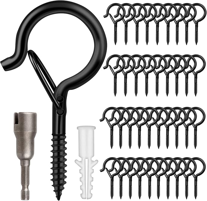 50 Pack Screw-in Hooks for Outdoor String Lights, Q Hangers Light Outside, Swivel Hanging Basket Patio with Safe Buckle Screw in Planter Eye Hook Wall Ceiling, Black