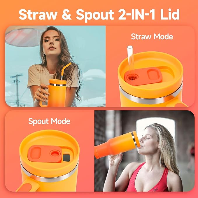 40oz Tumbler with Handle and Straw Spout 2-in-1 Lid, Spill Leak Proof Insulated Travel Cup Traveler Water Mug Keep Cold Hot, Dishwasher Safe Stainless Steel Bottle Gifts for Women Men, Ombre Orange
