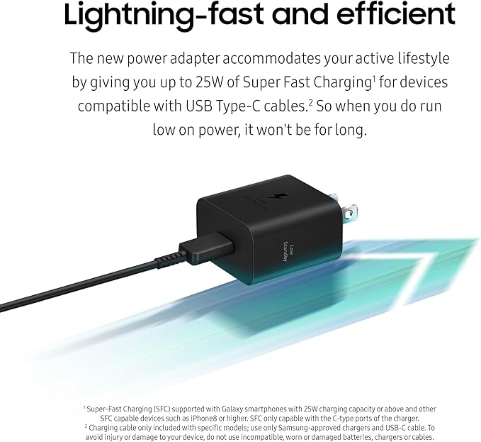 SAMSUNG 25W Wall Charger Power Adapter with Cable, Super Fast Charging, Compact Design, Compatible with Galaxy and USB Type C Devices, White
