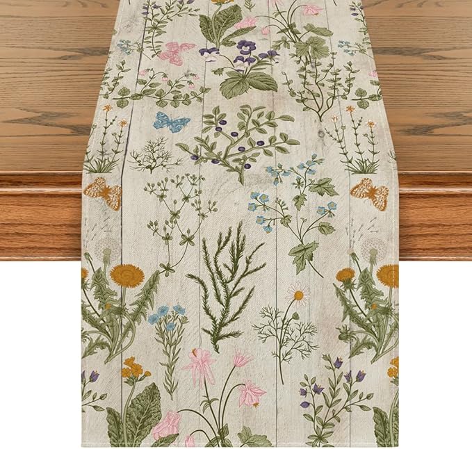 Artoid Mode Wood Wild Flowers Floral Spring Table Runner, Seasonal Summer Kitchen Dining Table Decoration for Home Party Decor 13x120 Inch