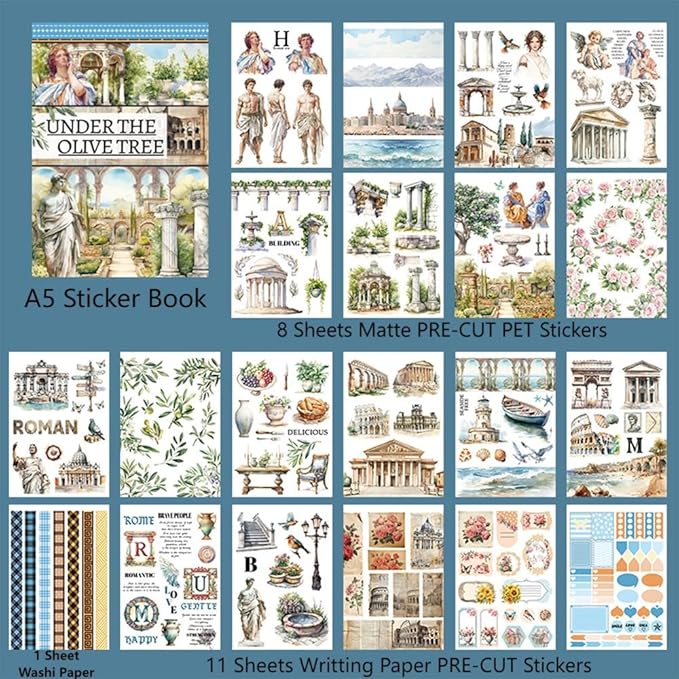 Dwpetzo Vintage Ancient Greece Mythology History Stickers Scenery Book, 20 Sheets Pre-Cut Junk Journaling Artistic Stickers for Scrapbooking, Albumn, Bujo, Scrap Book, DIY Craft Art Decor