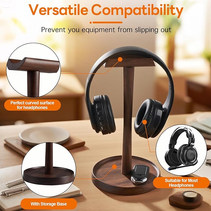 Yookin Wood Headphone Stand Headset Stand for Deak Universal Headphone Holder with Storgae Base Handcrafted Desk Organizer for Gaming Headsets(Black Walnut)