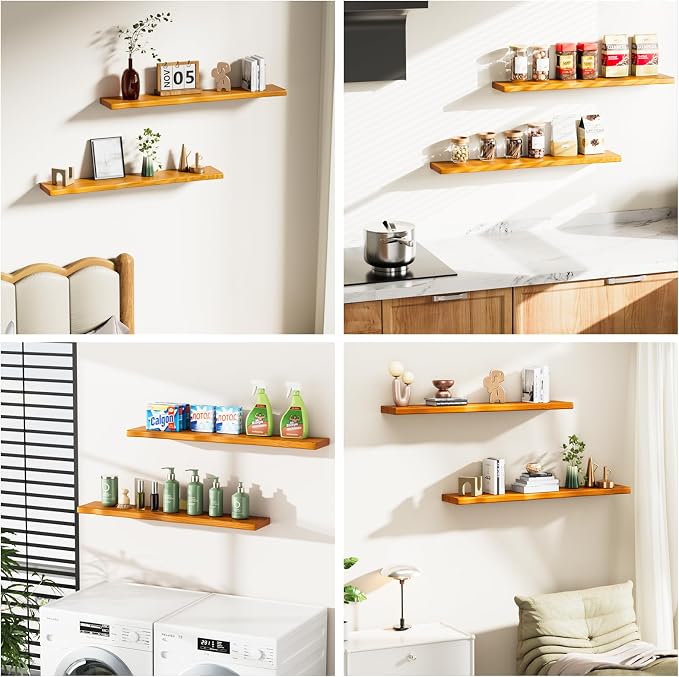 Solid Wood Live Edge Floating Shelves Set of 2 – 36" Rustic Wall Shelf with Hidden Bracket System, Wall Mounted Shelves for Bathroom, Kitchen, Living Room, Bedroom (Honey Walnut)