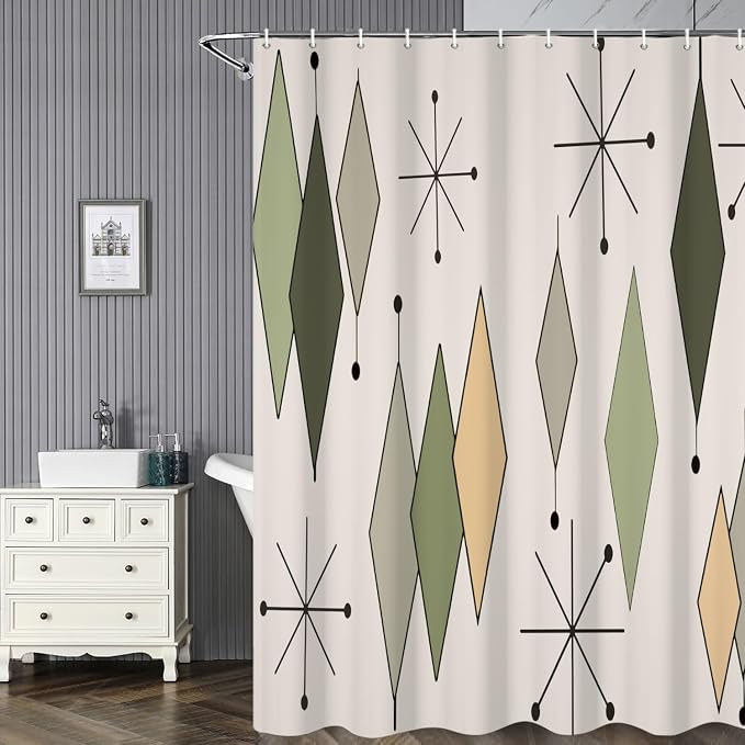 Boho Mid Century Shower Curtain Vintage Abstract Green Diamond Geometric Atomic Starburst Pattern for 1950s Retro Bathroom Decor Accessories Shower Curtain Set with 12 Hooks, 48x72 Inches