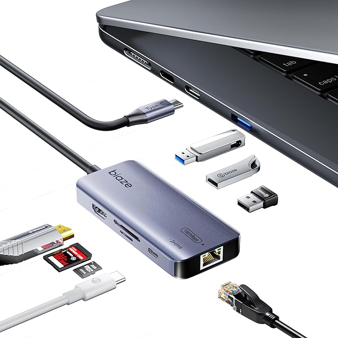 BIAZE 8-in-1 USB C Hub Adapter for MacBook, 4K60Hz HDMI, 100W PD Charging, USB 3.0, USB 2.0 * 2, SD/TF Card Reader, 100M Ethernet, 7 Ports Dongle for MacBook Pro/Air, iPad Pro, iPhone