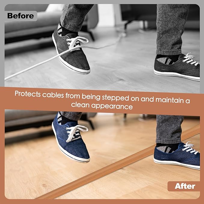 Floor Cord Cover for Wires on Floor Self Adhesive Cord Hider Floor Cable Management Wire Covers for Cords Protector Prevent Cable Trips Cord Cavity W 0.51" x H 0.31", Brown Wood, 3.3Ft